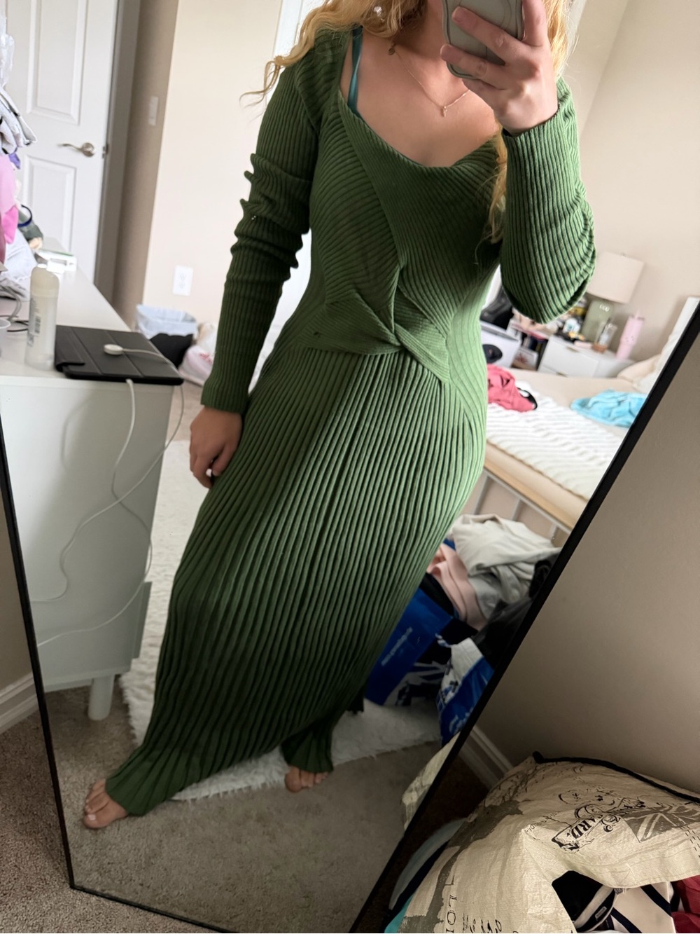 Free People Olive Green Long Sleeve Ribbed Twist-Front Maxi Dress - Picture 10 of 11